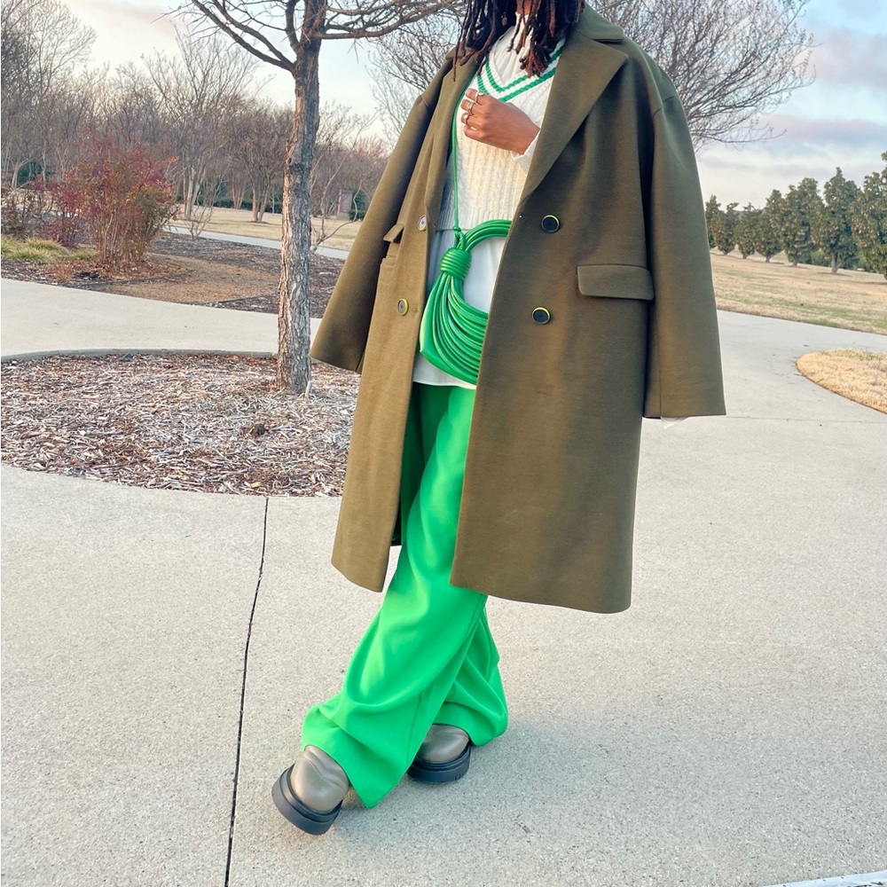 Olive Green Button Front Double Breasted Notch Lapel Coat Size Large